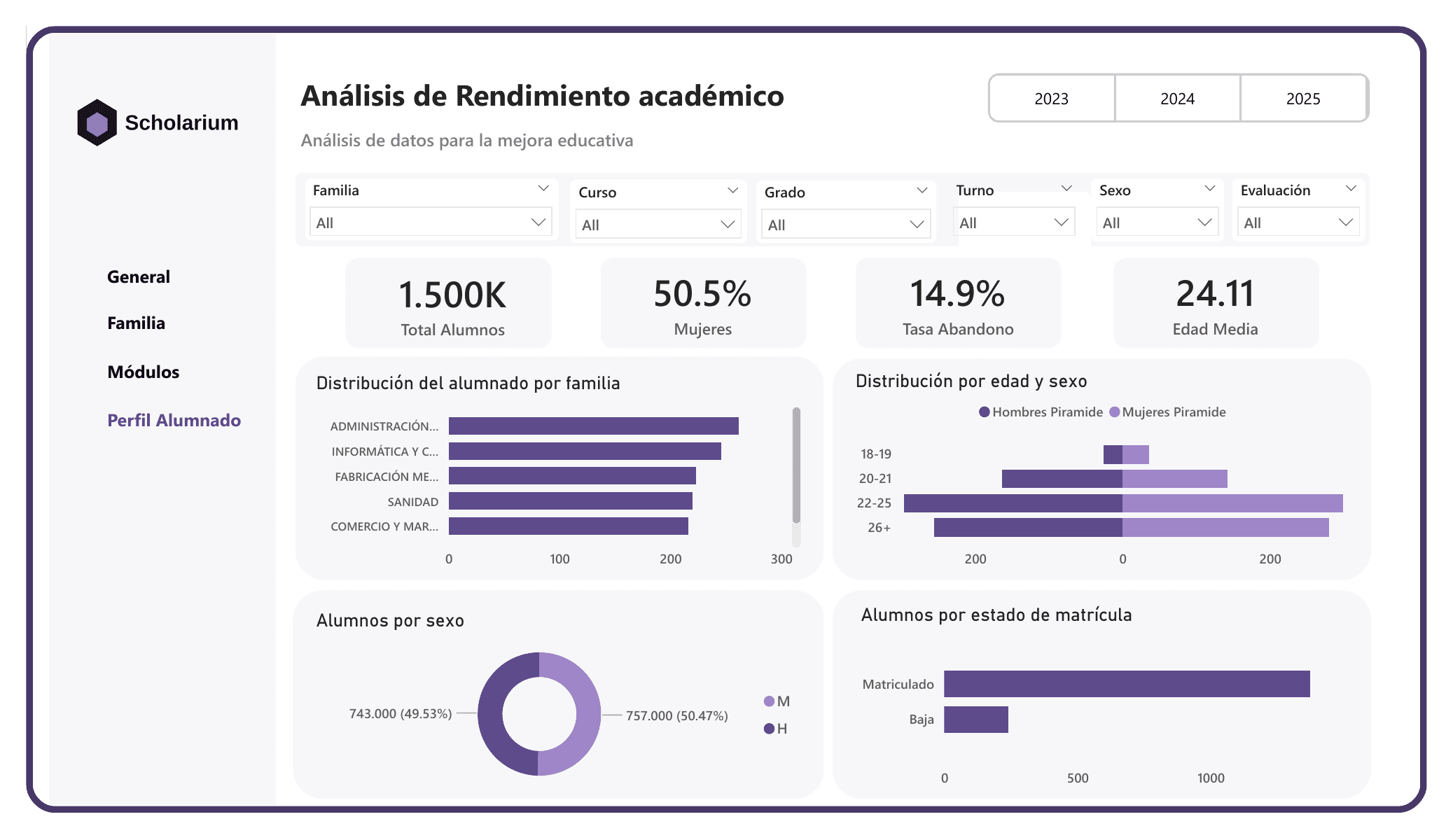 Power BI - Student Profile page: total students, dropout rate, distribution by field, age, sex and enrolment status