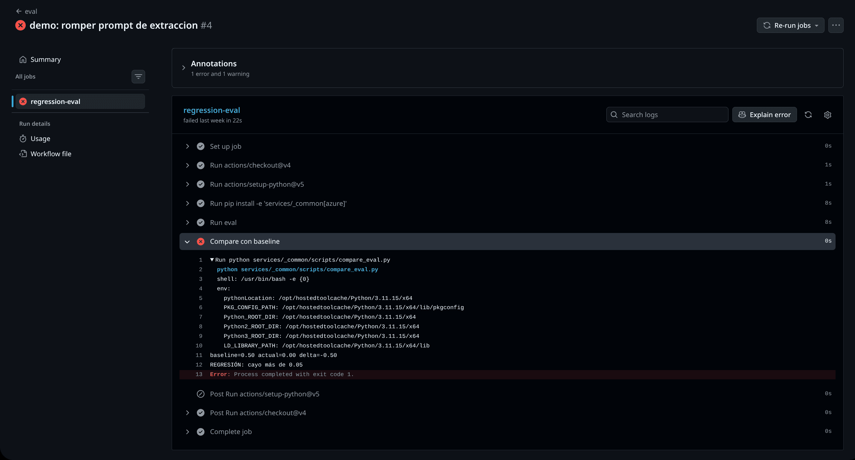 Regression gate in GitHub Actions blocking a PR that degrades triage