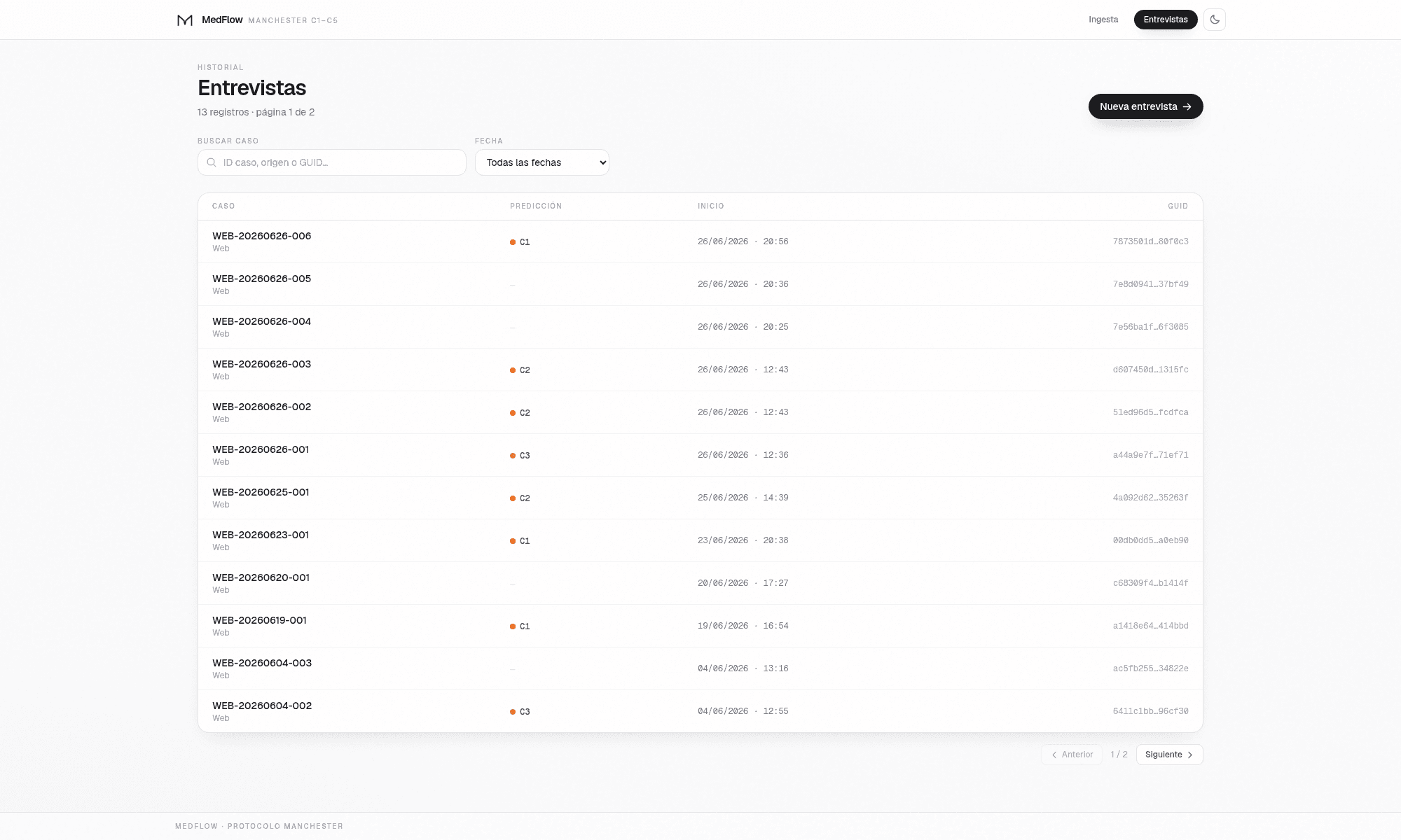 History of processed interviews in MedFlow