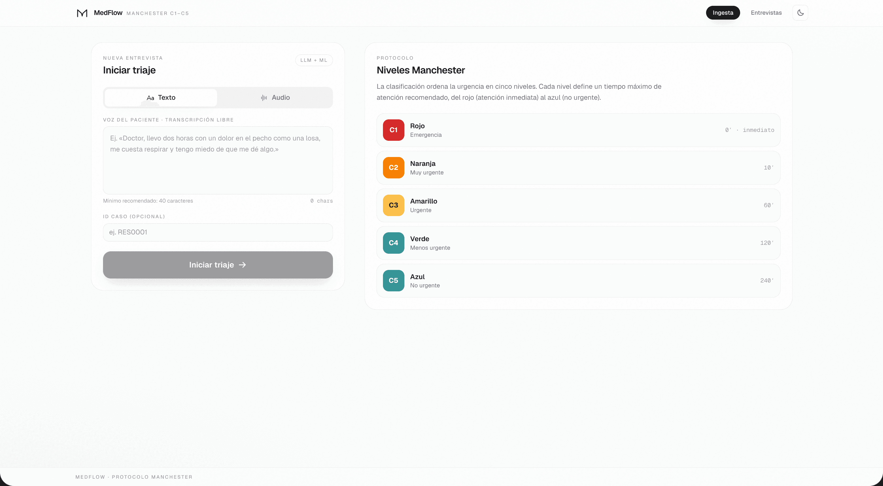 MedFlow main screen: start triage by text or voice