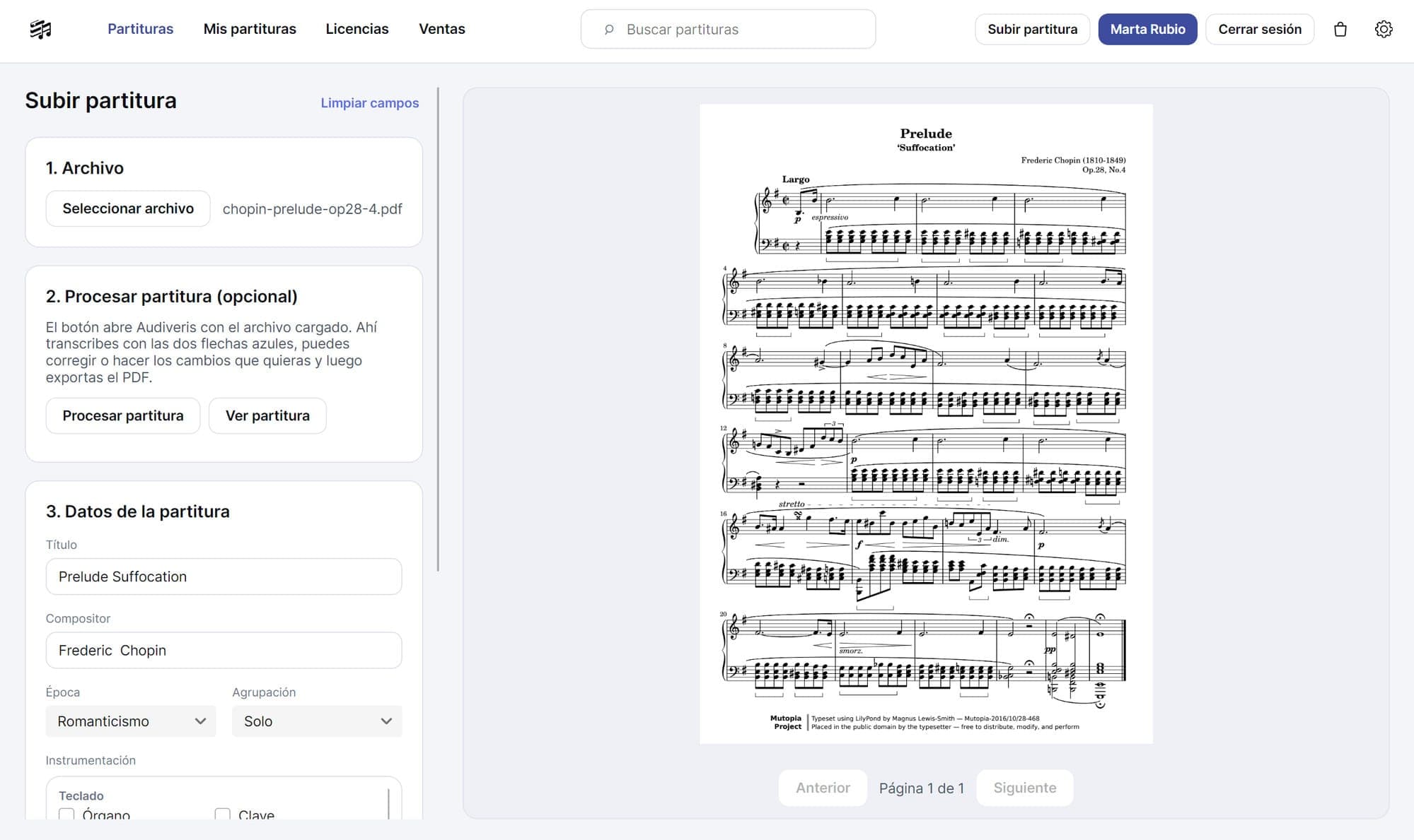The Sheetify upload screen with a scanned PDF already loaded, ready to transcribe or correct it in Audiveris