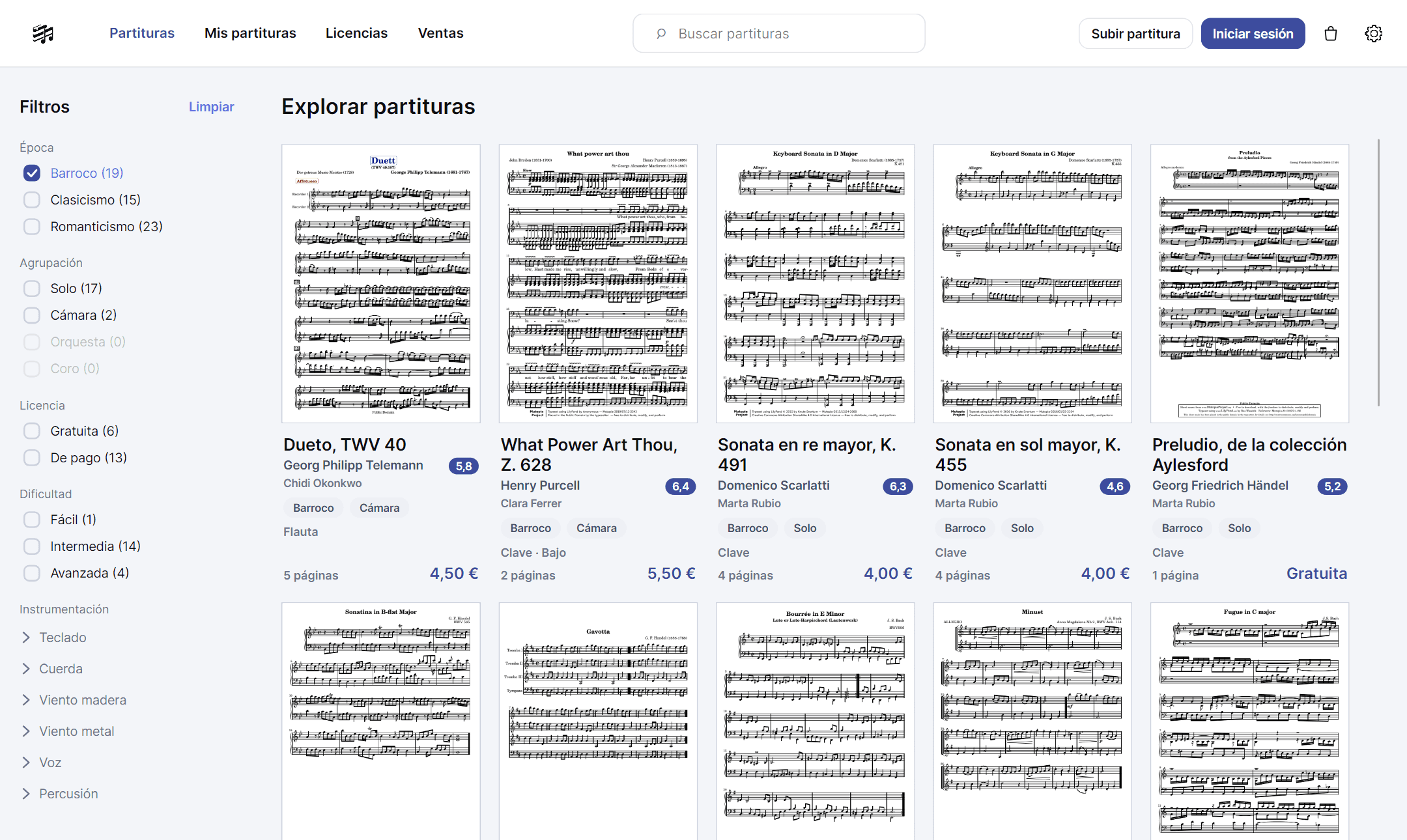 The Sheetify catalogue filtered by the Baroque era, with the counts of the other facets recalculated