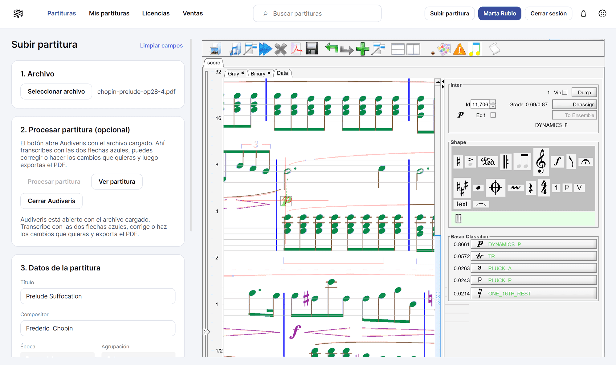 Audiveris' editor embedded in the Sheetify window, with the classification panel open over a missing dynamic marking