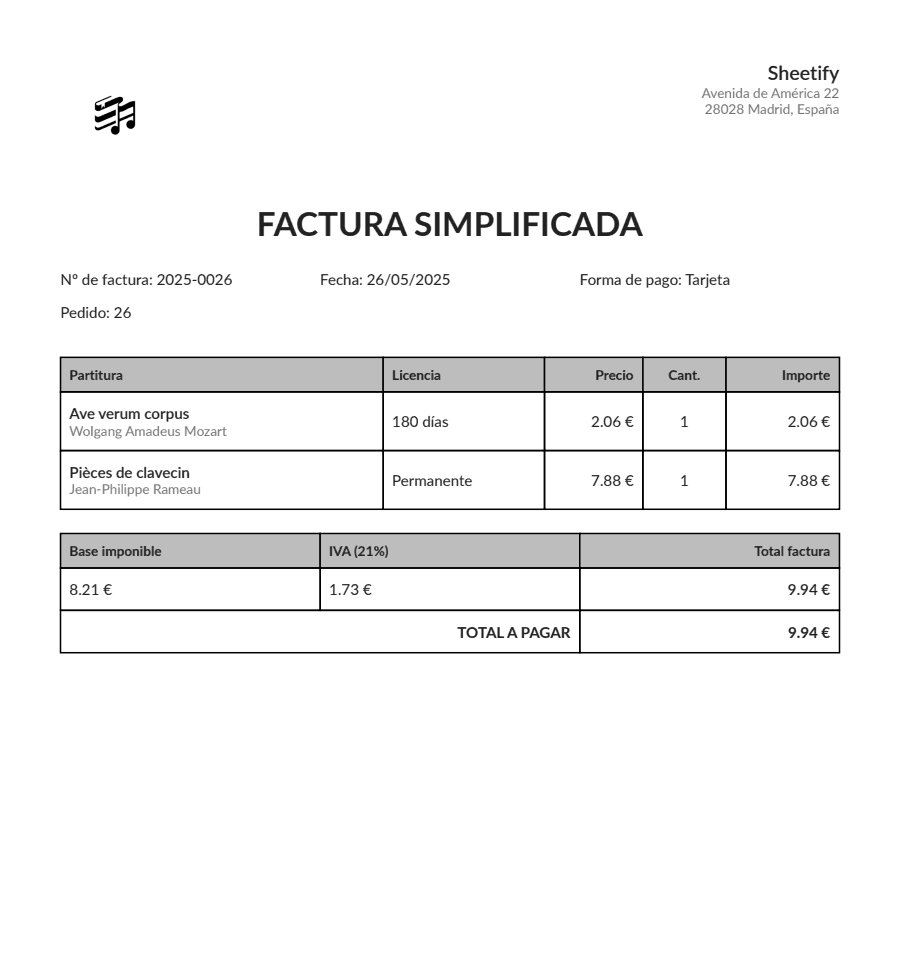 Simplified PDF invoice generated by Sheetify after a purchase, with the logo, order number, price and quantity of each work, the VAT breakdown and the total